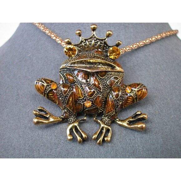 Vintage Betsey Johnson Gold-Tone Frog Necklace & Brooch Combo With Rhinestones & - Picture 1 of 3
